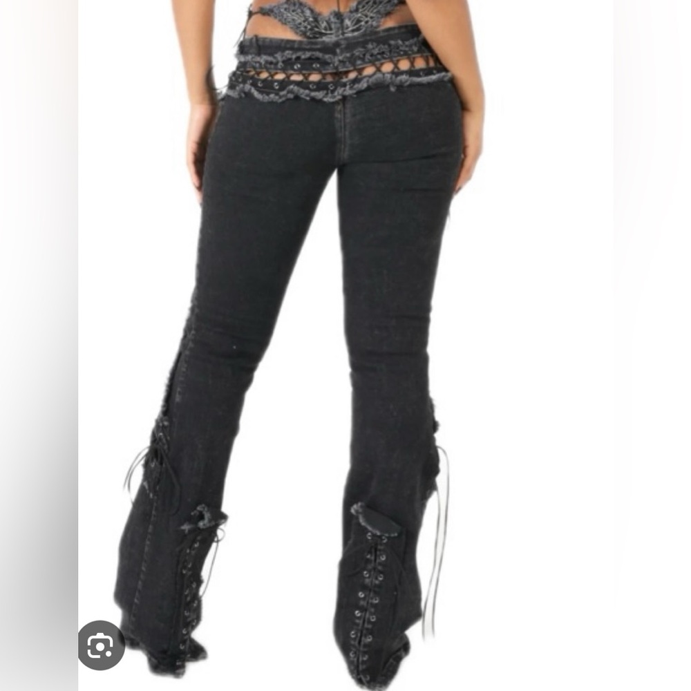 Matte  Black Lace-Up Low Risers Women Jeans - Picture 2 of 9